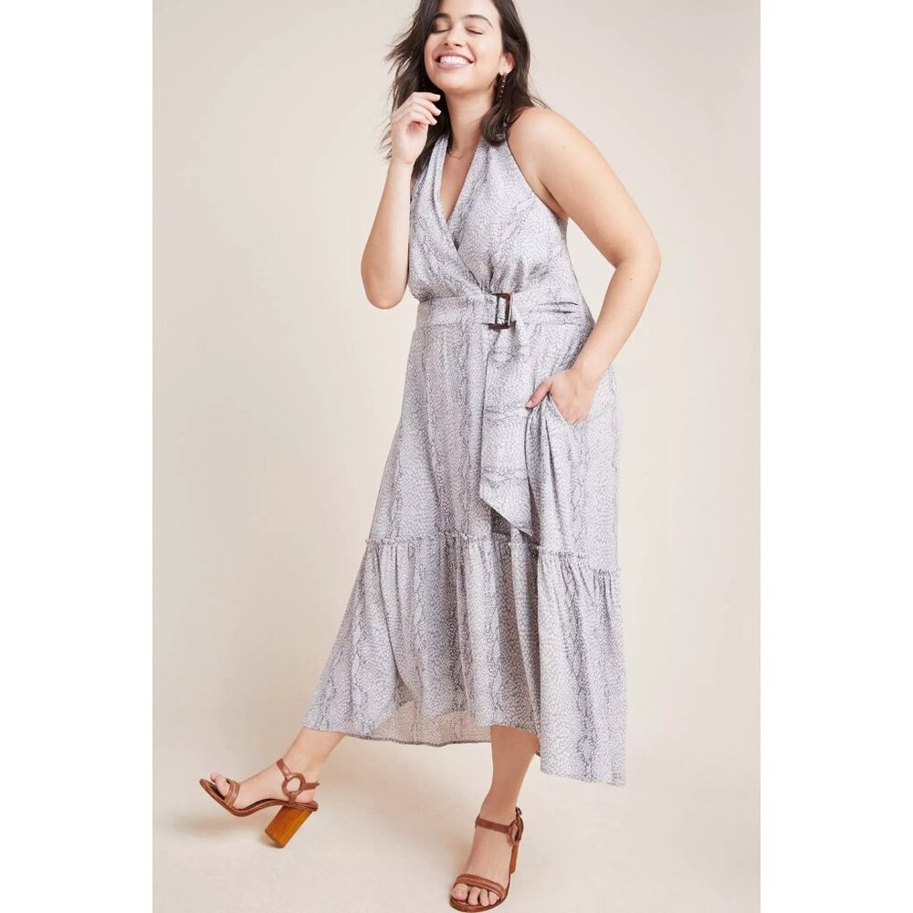Anthropologie Marfa Snakeskin Maxi Dress 8 M Faux Wrap V-Neck Sleeveless Grey